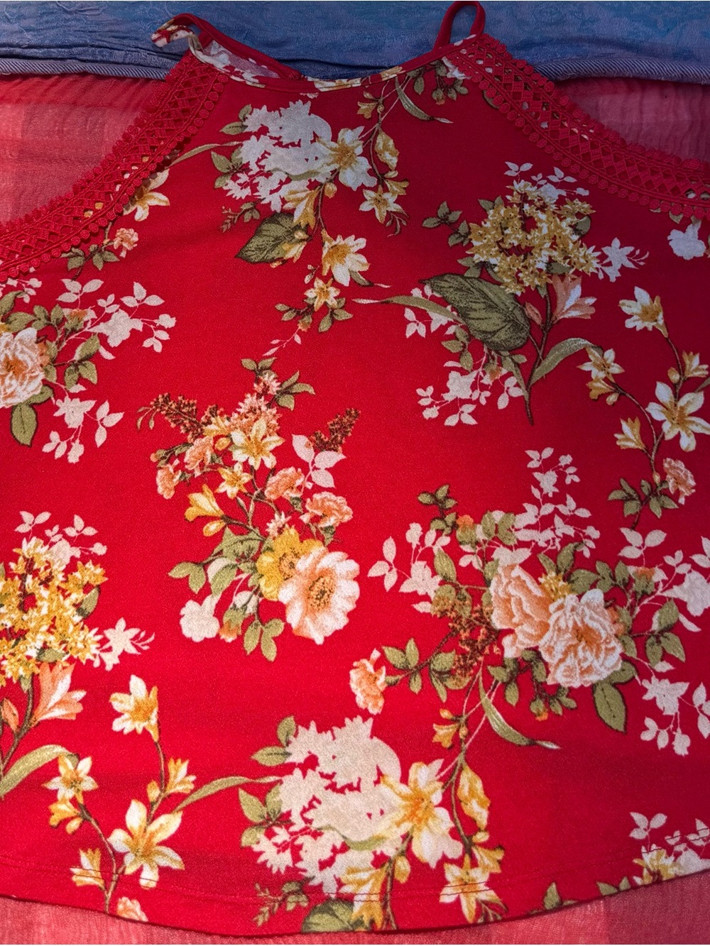 Floral Red Spaghetti-Strap Tank Top - Women's size Large